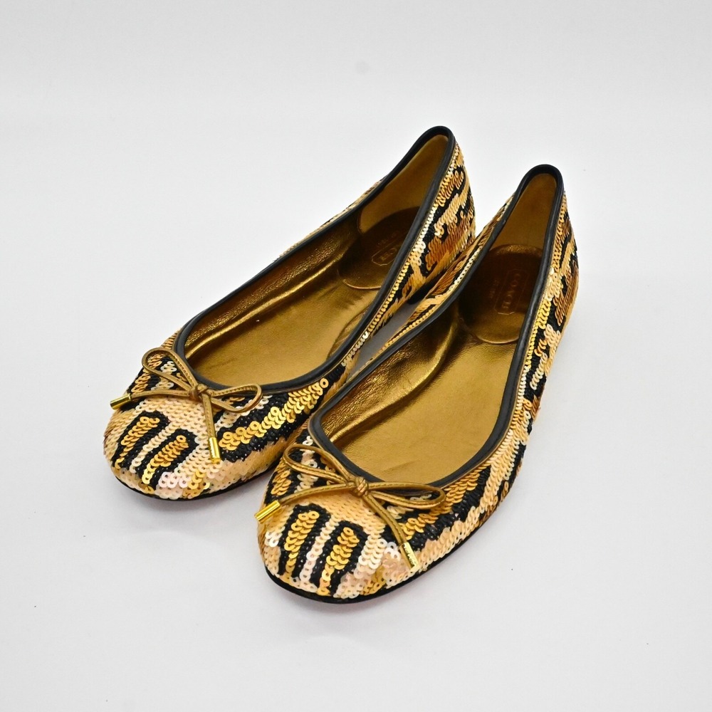 COACH Womens Liah Sequin Bow Ballet Flats Size 6.5 Gold Leopard Print Retro Y2K‎